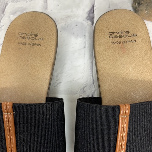 Andre Assous Nice Featherweights Sandal Brown Leather Black Stretch Stacked Heel - Picture 7 of 11